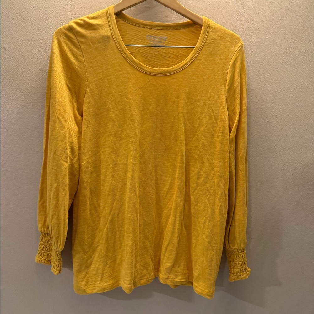 Chicos Mustard Yellow Smocked Cuff‎ Long Sleeve Scoop Neck Top Size 2 Large